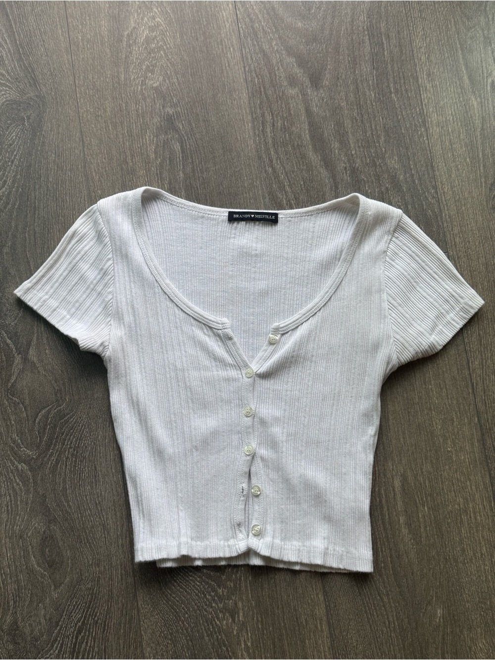 Brandy Melville White Ribbed Short-Sleeve Button Crop Top